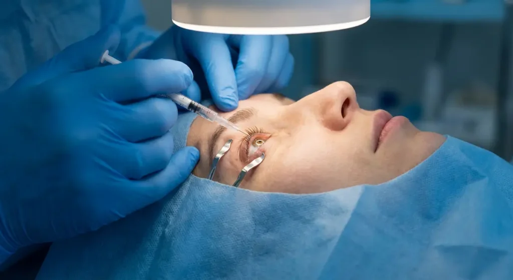 إجراء حقن مضاد VEGF داخل العين بيد طبيب مرتدٍ قفازاً جراحياً مع حقنة دقيقة بالقرب من عين المريض المغطاة بغطاء معقم