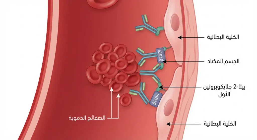  رسم توضيحي يُظهر كيف ترتبط الأجسام المضادة ببروتين بيتا-2 جلايكوبروتين الأول على سطح الخلايا البطانية وتُنشّط الصفائح الدموية