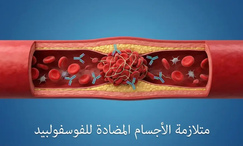 رسم توضيحي طبي يُظهر وعاءً دموياً مع تكوّن جلطة وأجسام مضادة تستهدف جداره، مع عنوان متلازمة الأجسام المضادة للفوسفولبيد