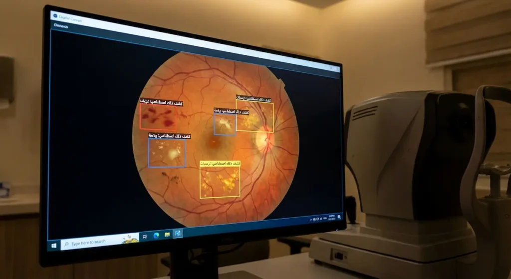 شاشة حاسوب في عيادة عيون تعرض صورة قاع عين مع تحليل الذكاء الاصطناعي ومربعات تحديد ملونة حول مناطق مشبوهة في الشبكية