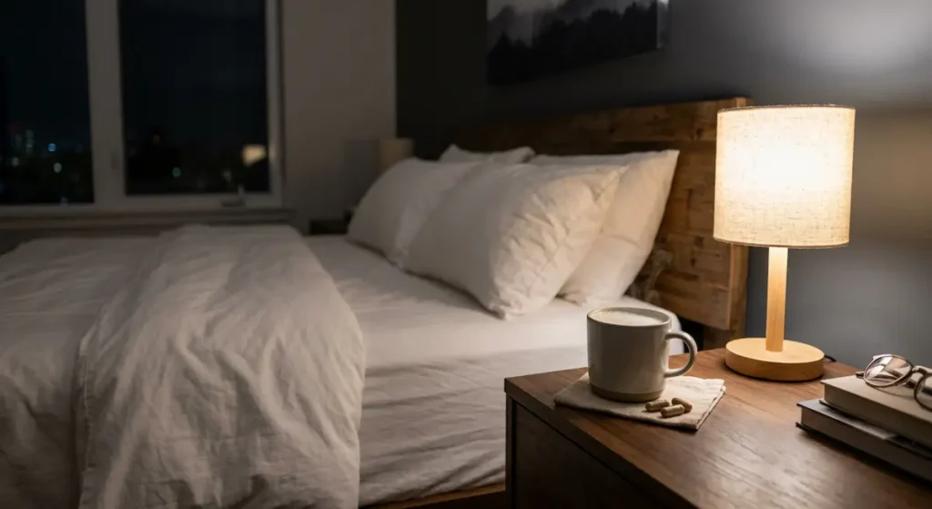 كوب حليب دافئ وكبسولتان عشبيتان على طاولة جانبية بجوار سرير نوم في غرفة هادئة بإضاءة خافتة