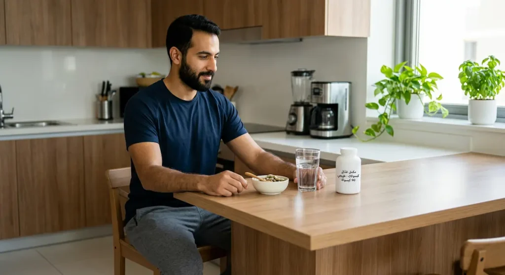 رجل عربي في الثلاثينيات يجلس في مطبخ منزلي وأمامه عبوة مكمل غذائي وكبسولات عشبية مع كوب ماء