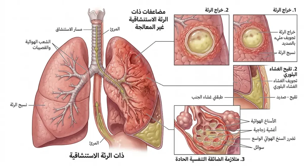 رسم تشريحي يوضح مضاعفات ذات الرئة الاستنشاقية تشمل خراج الرئة وتقيح الغشاء البلوري ومتلازمة الضائقة التنفسية الحادة
