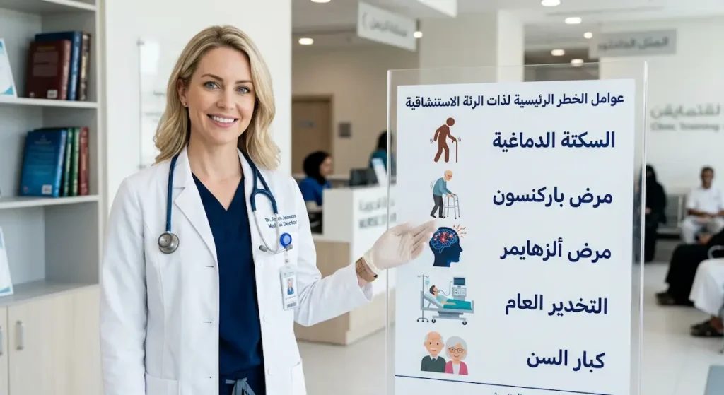طبيبة تقف بجانب لوحة توضيحية تعرض عوامل خطر الإصابة بذات الرئة الاستنشاقية تشمل السكتة الدماغية ومرض باركنسون وألزهايمر والتخدير العام وكبار السن