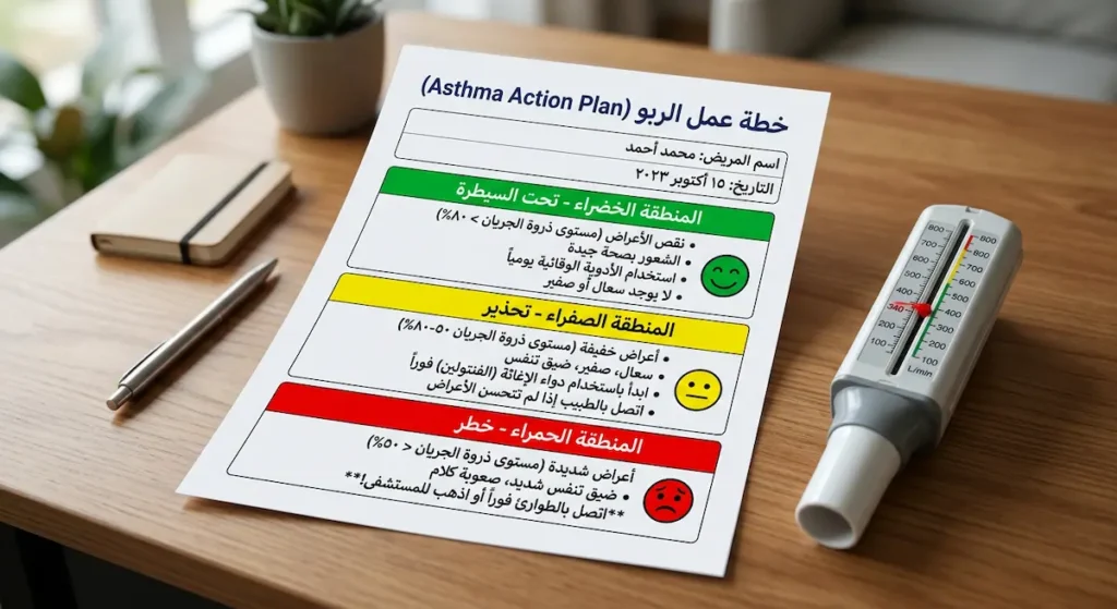 ورقة خطة عمل الربو تُظهر نظام الإشارات المرورية الثلاثة (أخضر - أصفر - أحمر) مع جهاز قياس ذروة الجريان