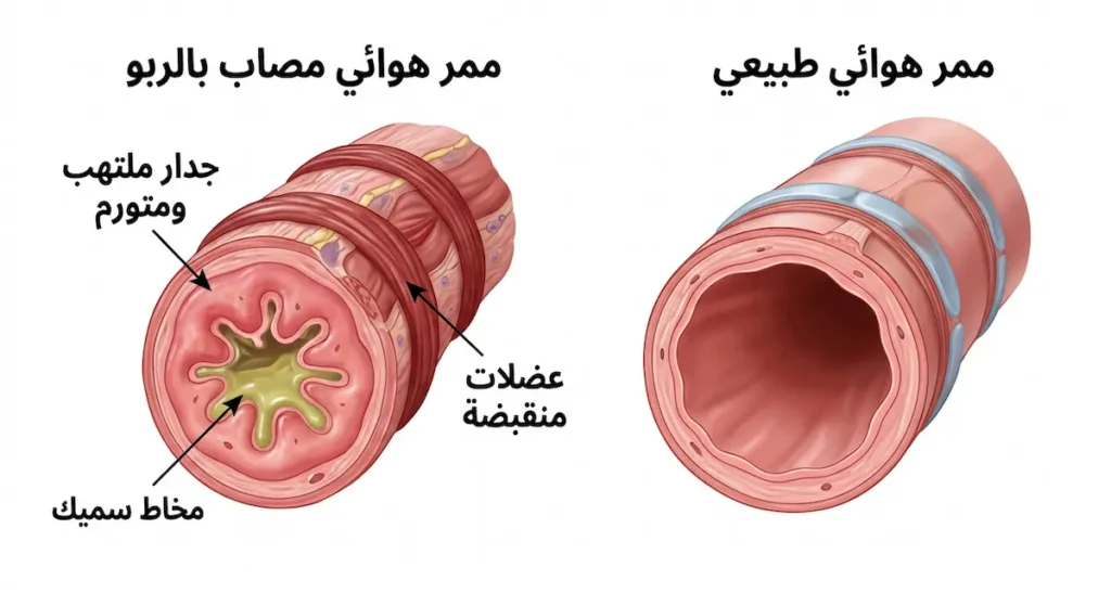 مقارنة تشريحية بين قطاع عرضي لممر هوائي طبيعي على اليمين وممر هوائي مصاب بالربو على اليسار يُظهر التهاب الجدار وانقباض العضلات وتراكم المخاط