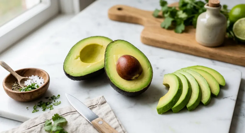 حبة أفوكادو مقطوعة للنصف تُظهر اللب الأخضر الكريمي الغني بالدهون الصحية وفيتامين E لنضارة البشرة