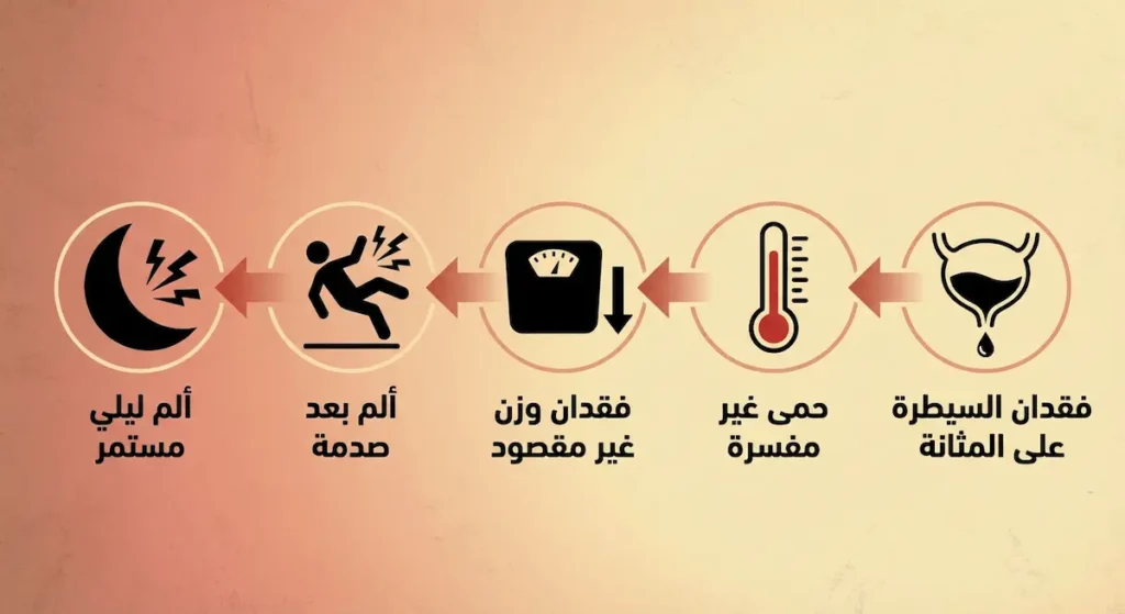 خمس أيقونات تمثل العلامات التحذيرية لآلام الظهر الخطيرة تشمل مشكلات المثانة والحمى وفقدان الوزن والإصابات والألم الليلي