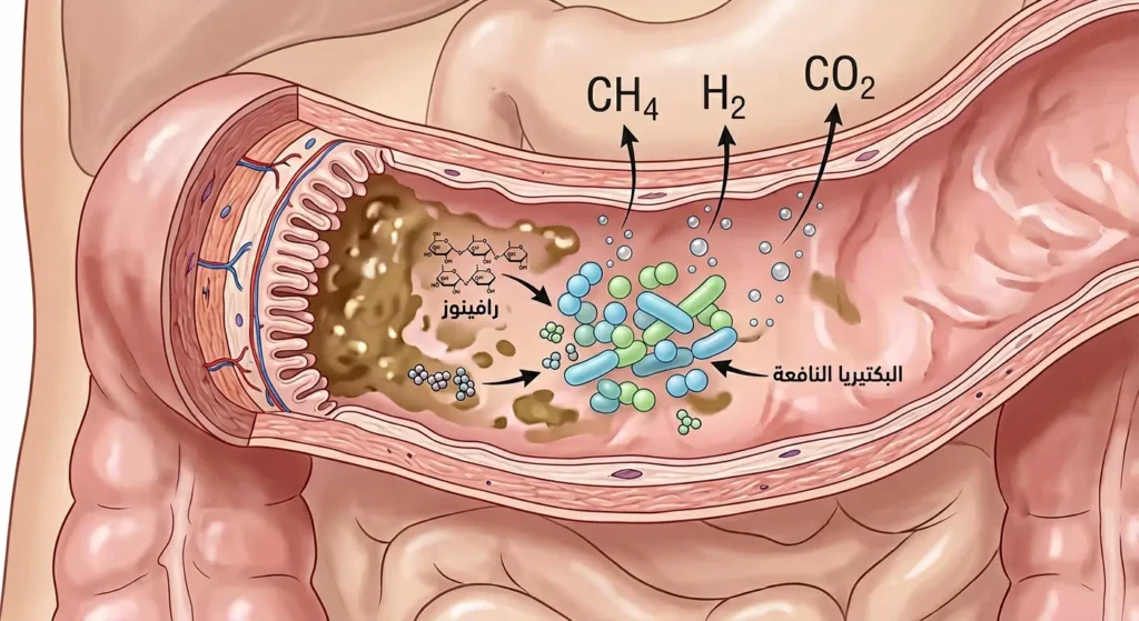 رسم توضيحي لمقطع في القولون يظهر البكتيريا النافعة وهي تتغذى على سكر الرافينوز وتنتج غازات الهيدروجين والميثان وثاني أكسيد الكربون
