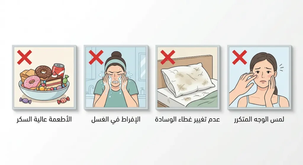  صورة توضيحية تعرض أربع عادات يومية خاطئة تُفاقم مشكلة البشرة الدهنية