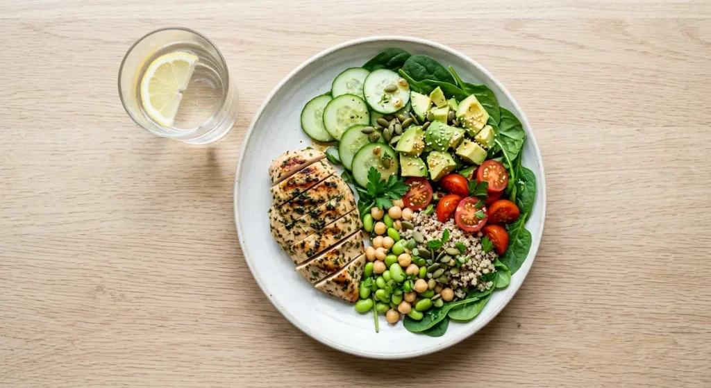  طبق متوازن يُطبق قاعدة 80/20 مع غلبة الخضروات والحبوب الكاملة وحصة صغيرة من البروتين الحيواني