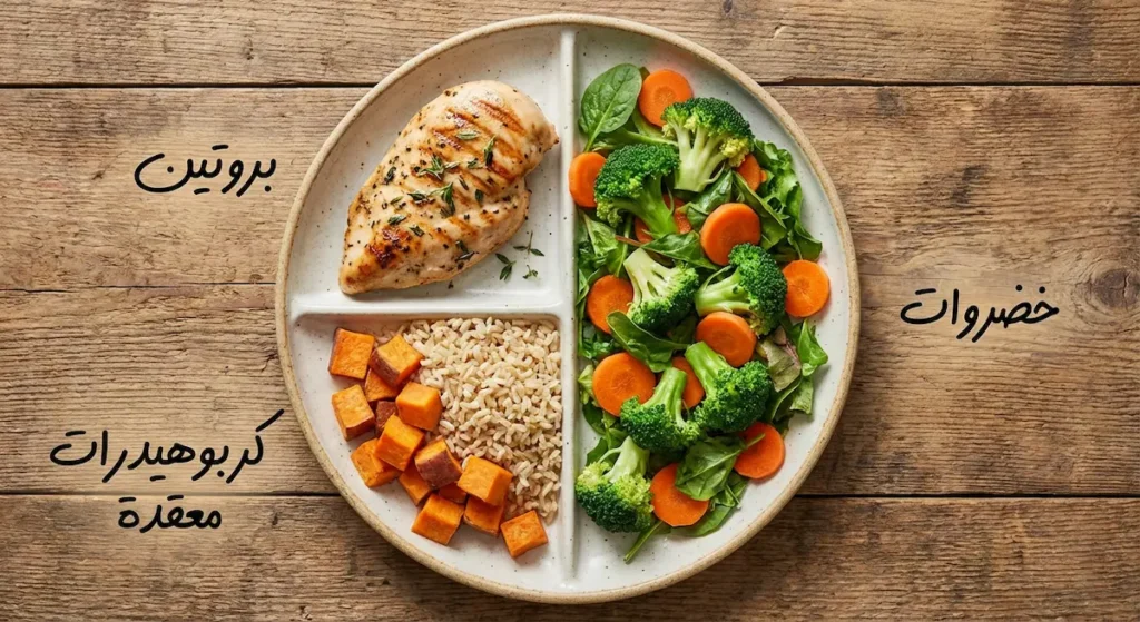طبق طعام مُقسّم يوضح التوزيع الصحي: نصف خضروات وربع بروتين وربع كربوهيدرات معقدة