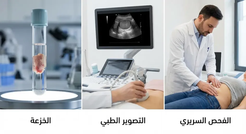  ثلاث مراحل لتشخيص الورم الحميد من اليمين الفحص السريري ثم التصوير الطبي ثم الخزعة