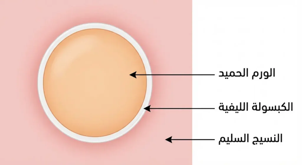  مقطع تشريحي توضيحي يُظهر ورماً حميداً محاطاً بكبسولة ليفية تفصله عن النسيج السليم المحيط