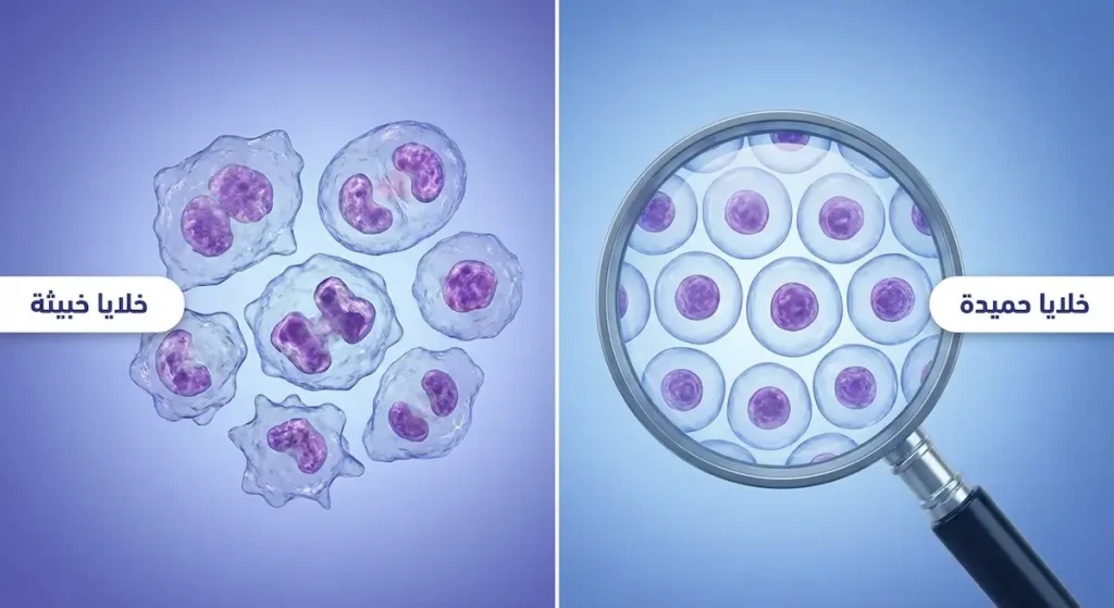 مقارنة مجهرية بين خلايا الورم الحميد المنتظمة على اليمين وخلايا الورم الخبيث غير المنتظمة على اليسار