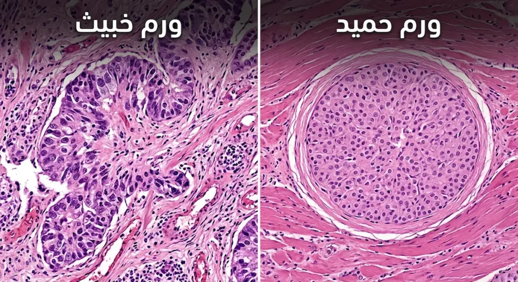  مقارنة توضيحية بين ورم حميد محاط بغلاف ليفي منتظم وورم خبيث بحدود غير منتظمة يغزو الأنسجة المحيطة