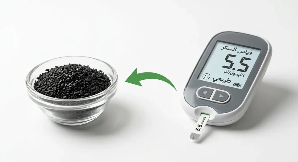صورة توضيحية تظهر جهاز قياس سكر الدم مع بذور الحبة السوداء توضح دورها في خفض مستوى الجلوكوز