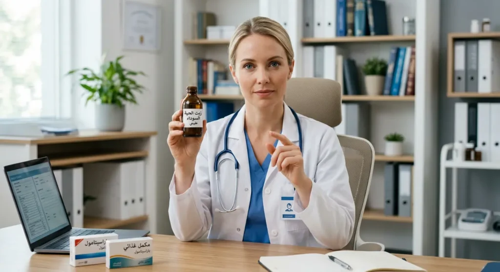 صورة تحذيرية توضح التفاعلات الدوائية المحتملة بين الحبة السوداء وبعض الأدوية مثل أدوية السكري ومميعات الدم