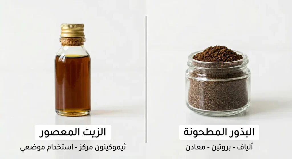 صورة توضيحية تقارن بين استخدام بذور الحبة السوداء المطحونة وزيت الحبة السوداء وفوائد كل منهما