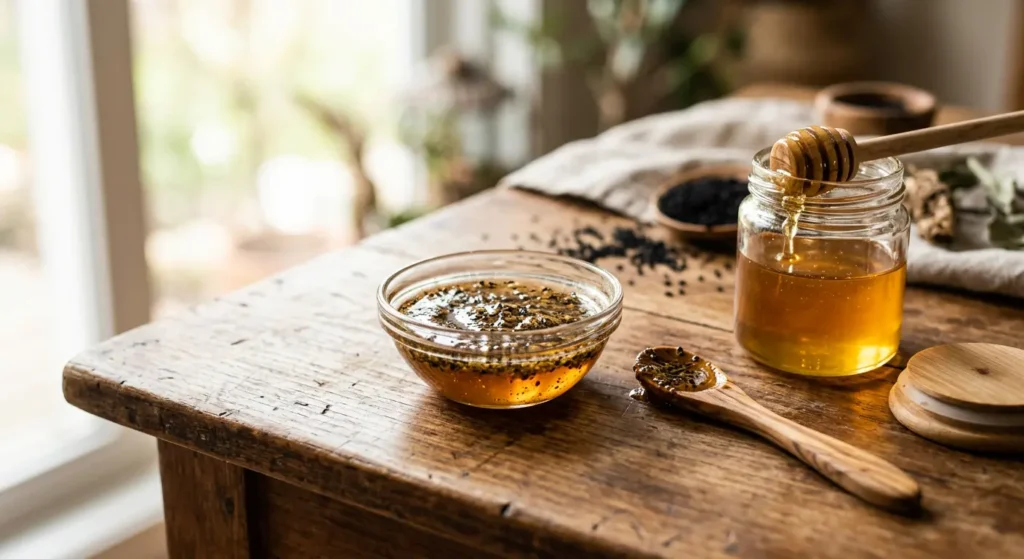صورة واقعية تعرض تحضير خلطة بذور الحبة السوداء المطحونة مع العسل الطبيعي الخام