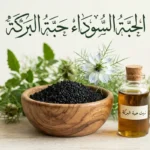 صورة غلاف تعرض بذور الحبة السوداء السوداء اللامعة مع زيتها الذهبي الداكن وأوراق خضراء طازجة مع عنوان الحبة السوداء حبة البركة