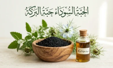 صورة غلاف تعرض بذور الحبة السوداء السوداء اللامعة مع زيتها الذهبي الداكن وأوراق خضراء طازجة مع عنوان الحبة السوداء حبة البركة