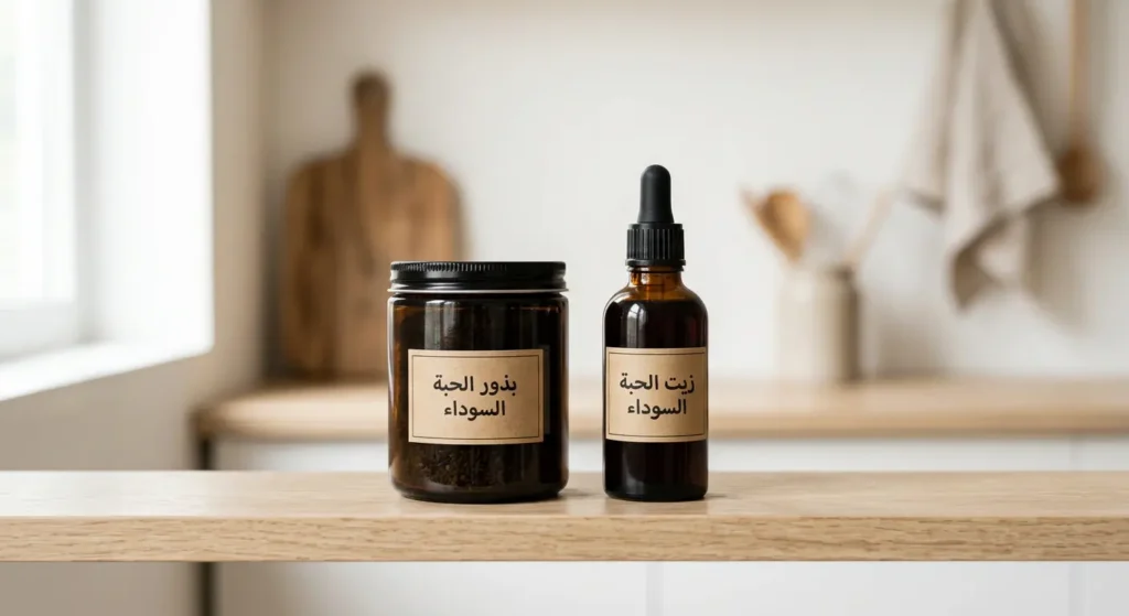 صورة توضيحية تعرض الطريقة الصحيحة لتخزين بذور الحبة السوداء وزيتها في أوعية محكمة بعيداً عن الضوء