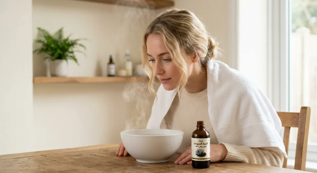 صورة توضيحية تظهر استنشاق بخار زيت الحبة السوداء لعلاج مشاكل الجهاز التنفسي والجيوب الأنفية