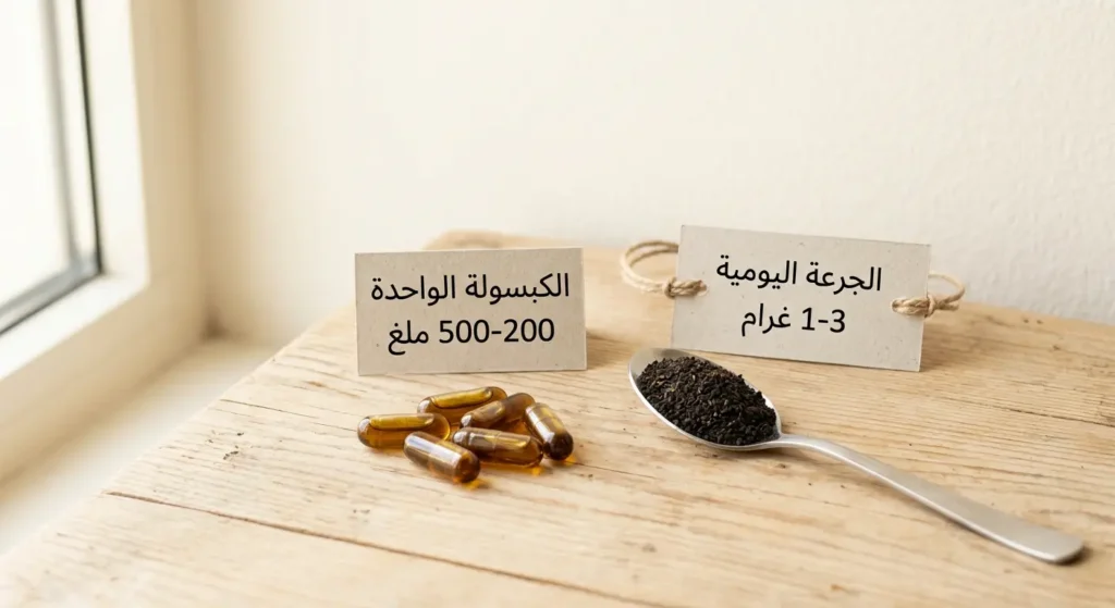 صورة توضيحية تعرض الجرعات الآمنة من بذور الحبة السوداء المطحونة وكبسولات الزيت للبالغين والأطفال