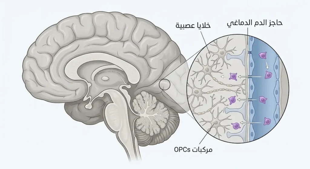 رسم توضيحي يُظهر عبور مركبات OPCs لحاجز الدم الدماغي لحماية الخلايا العصبية