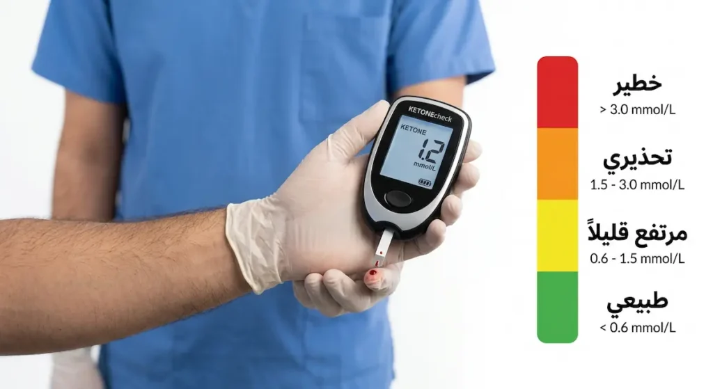 جهاز قياس كيتون الدم مع مخطط يوضح المستويات الأربعة للكيتون من الطبيعي إلى الخطير