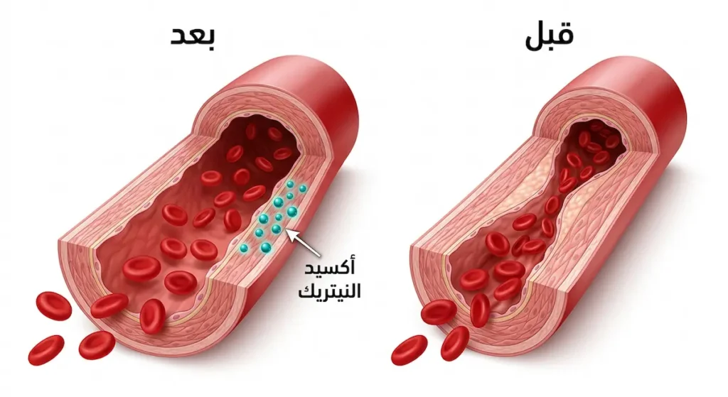 رسم توضيحي يُظهر توسع الأوعية الدموية بفعل أكسيد النيتريك الناتج عن مركبات بذور العنب