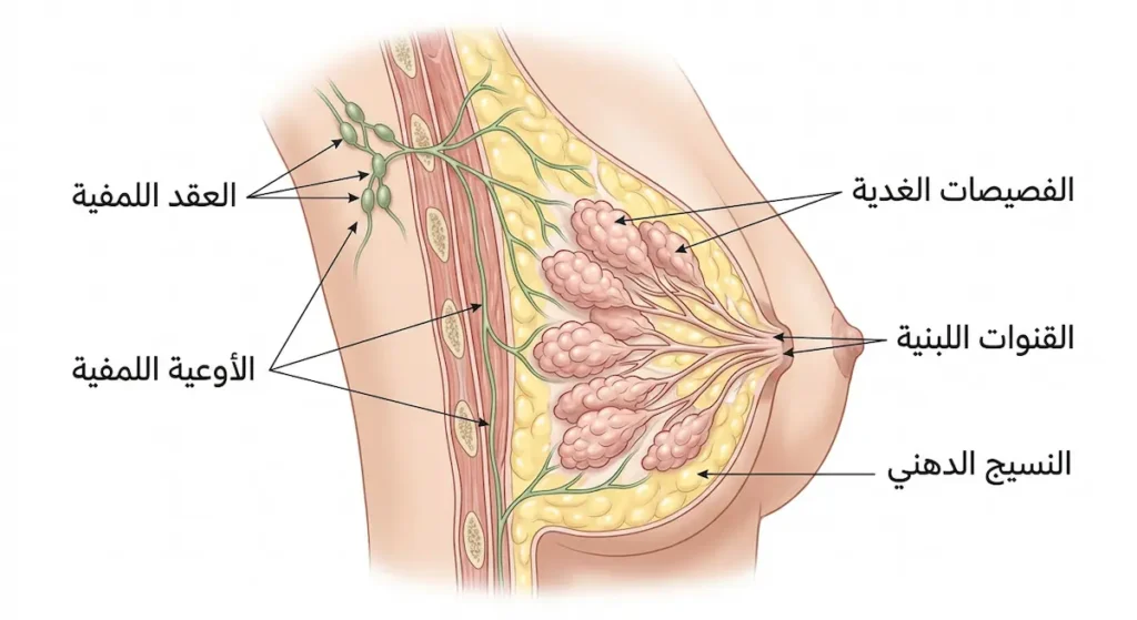  رسم تشريحي للثدي يوضح الفصيصات الغدية والقنوات اللبنية والنسيج الدهني والأوعية اللمفية