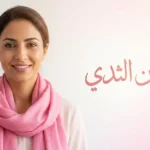 امرأة عربية مبتسمة ترتدي وشاحاً وردياً للتوعية بسرطان الثدي مع عنوان المقالة