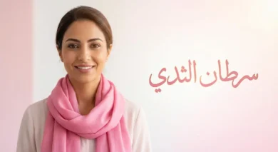 امرأة عربية مبتسمة ترتدي وشاحاً وردياً للتوعية بسرطان الثدي مع عنوان المقالة