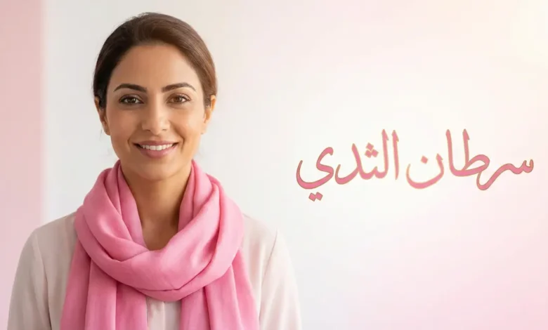 امرأة عربية مبتسمة ترتدي وشاحاً وردياً للتوعية بسرطان الثدي مع عنوان المقالة
