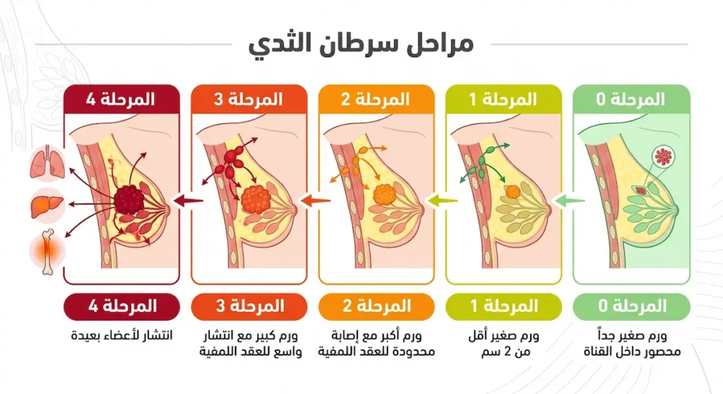 رسم توضيحي لمراحل سرطان الثدي الخمس من المرحلة 0 إلى المرحلة 4