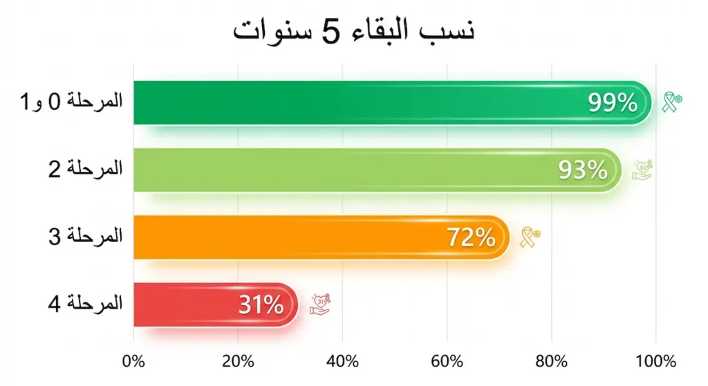  رسم بياني يوضح نسب البقاء 5 سنوات لكل مرحلة من سرطان الثدي