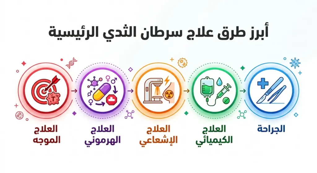 أيقونات تمثل طرق علاج سرطان الثدي الخمس الرئيسية