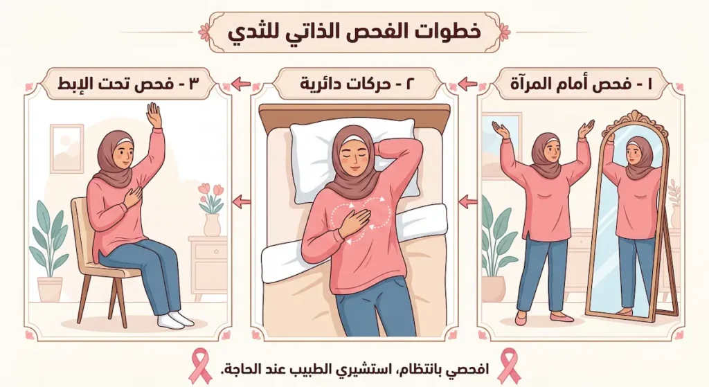 رسم توضيحي لخطوات الفحص الذاتي للثدي بثلاث مراحل