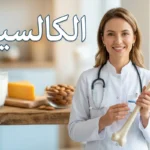 طبيبة تحمل نموذج عظم بشري مع أطعمة غنية بالكالسيوم في الخلفية وكلمة الكالسيوم مكتوبة بالعربية