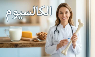 طبيبة تحمل نموذج عظم بشري مع أطعمة غنية بالكالسيوم في الخلفية وكلمة الكالسيوم مكتوبة بالعربية