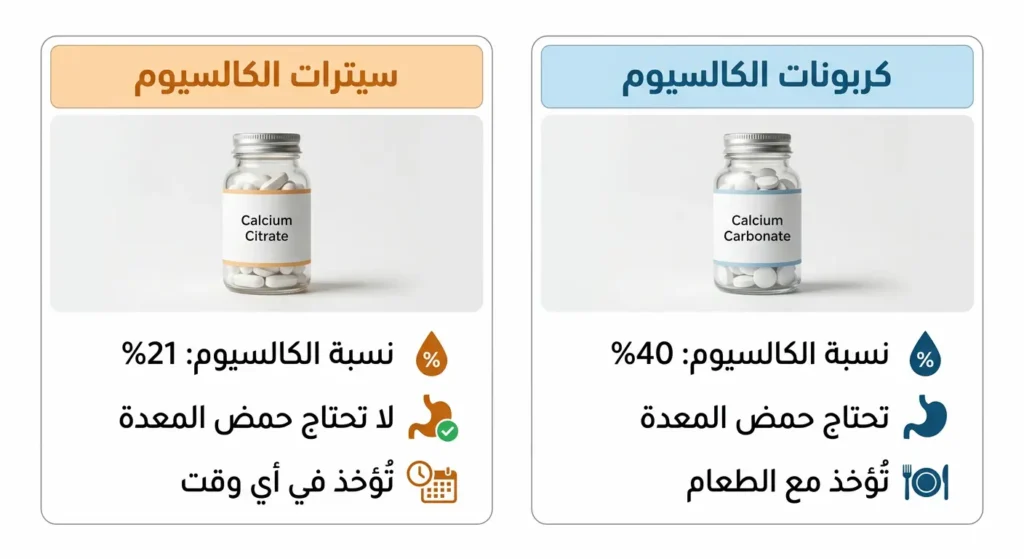 جدول مقارنة بين كربونات الكالسيوم وسيترات الكالسيوم من حيث نسبة الكالسيوم وطريقة الامتصاص ووقت التناول