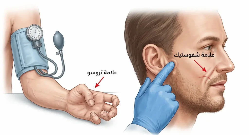 رسم يوضح علامتي شفوستيك وتروسو المستخدمتين في تشخيص نقص الكالسيوم