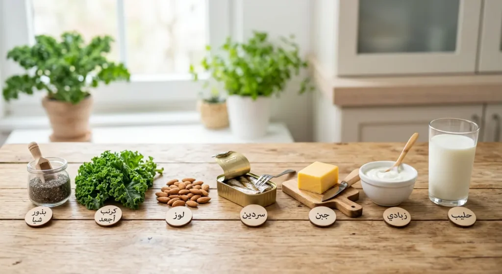مجموعة أطعمة غنية بالكالسيوم تشمل الحليب والزبادي والجبن والسردين واللوز والكرنب وبذور الشيا