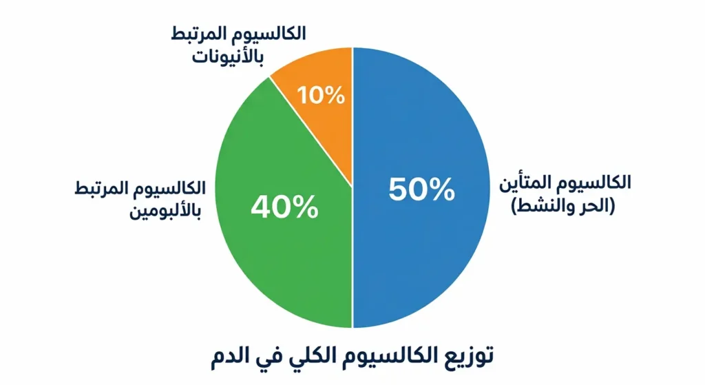 رسم دائري يوضح توزيع أشكال الكالسيوم في الدم: المتأين والمرتبط بالألبومين والمرتبط بالأنيونات
