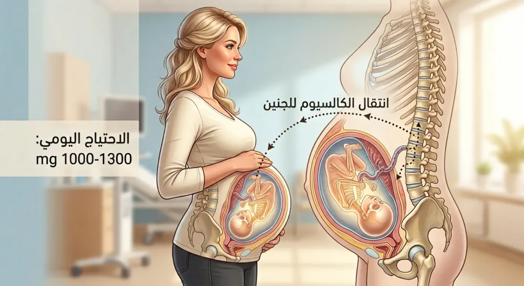 رسم توضيحي يُظهر انتقال الكالسيوم من جسم الأم الحامل إلى الجنين لبناء هيكله العظمي