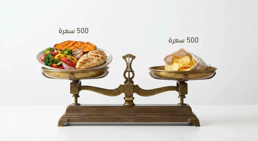 ميزان يقارن بين كمية صغيرة من الشيبس وطبق كبير من الطعام الصحي بنفس السعرات الحرارية
