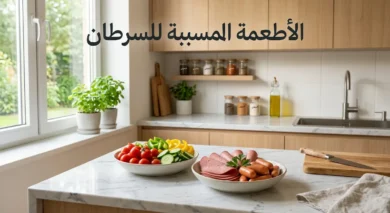 مطبخ منزلي عصري يعرض طبقين متقابلين أحدهما يحتوي لحوم مصنعة والآخر خضروات طازجة مع عبارة الأطعمة المسببة للسرطان