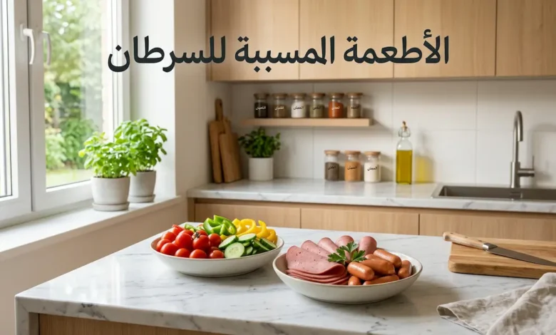 مطبخ منزلي عصري يعرض طبقين متقابلين أحدهما يحتوي لحوم مصنعة والآخر خضروات طازجة مع عبارة الأطعمة المسببة للسرطان